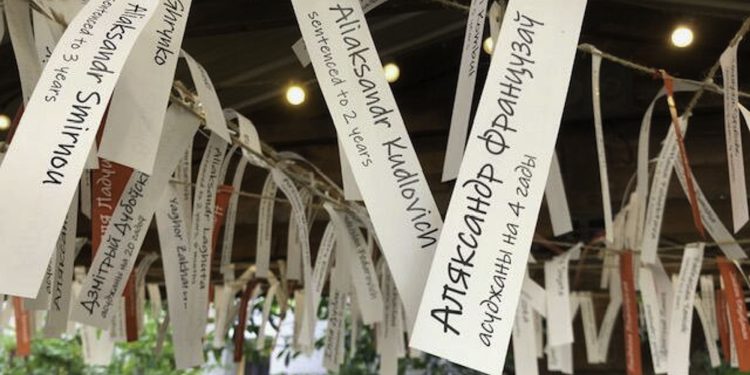 Labels with names of Belarusian prisoners