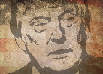 America flag and illustration of Trump representing a coup in US