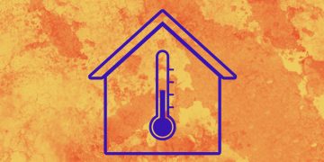 An illustration representing energy transitions with a thermometer in a house and colours of warmth as background
