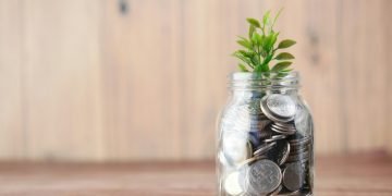 A jar with coins and plants representing wellbeing economy