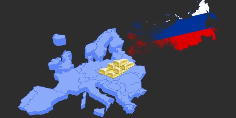 Europe and Russian maps with gold representing EU freezing Russian assets