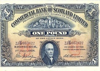 A picture of a Scottish pound note issued by the Commercial Bank of Scotland