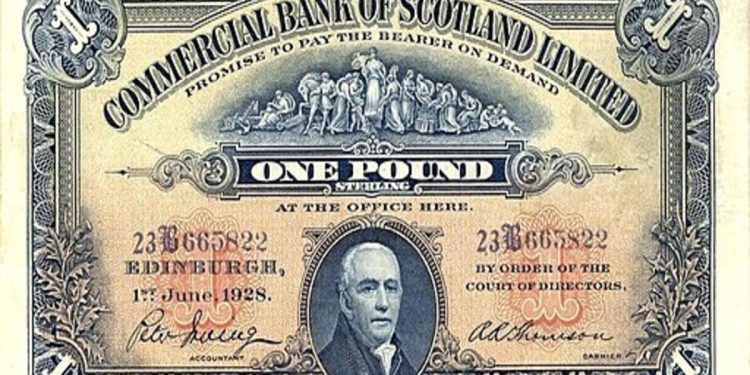 A picture of a Scottish pound note issued by the Commercial Bank of Scotland