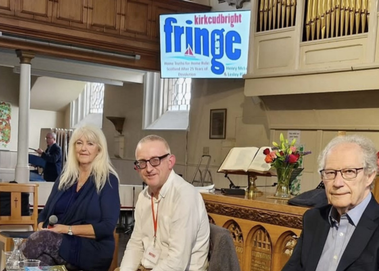 A photo of participants Lesley Riddoch, Alec Ross and Henry McLeish (from left to right) at the Kirkcudbright Fringe Festval, Scotland