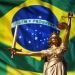 Brazilian flag and the justice symbol depicting democratic discrepancies in Bolsonaro’s trial