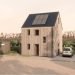 An image of a home with a wooden facade and solar panels on the roof.