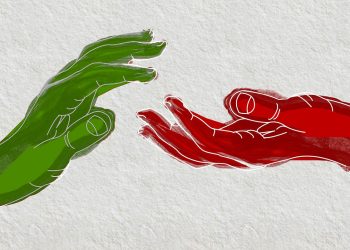 Illustration of hands in green and red representing Life in Gaza after the ceasefire