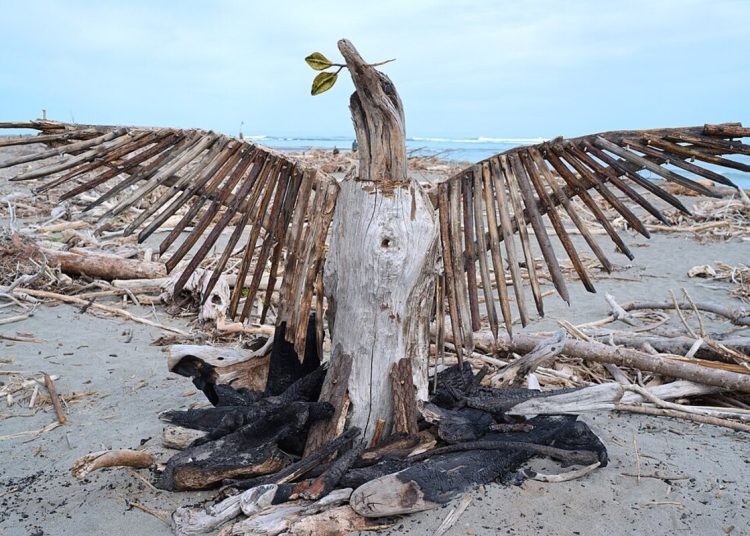 A photo on a beach of a structure made of driftwood that resembles a phoenix rising. Its beak is raised to the sky and has a twig resembling perhaps an olive branch.