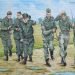 A mural painting on a brick wall of the cast of the British television series from the 1970s of Dad's Army.