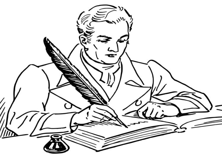 A sketch in black and white of a man holding a quill and writing in an open book.