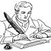A sketch in black and white of a man holding a quill and writing in an open book.