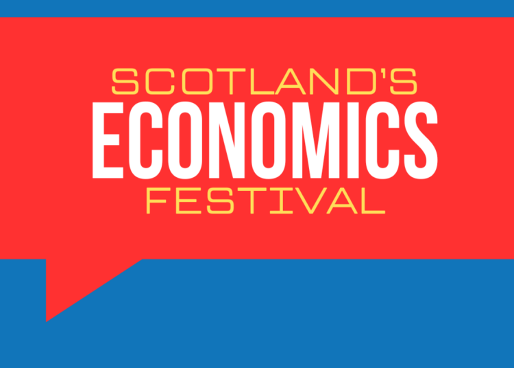 An copy of the Scotonomic's poster for their event in Leith, Edinburgh in March. It's a red speaking bubble with white and yellow writing on a blue background. The message reads Scotland's Economics Festival.