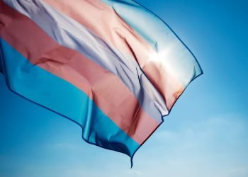 closeup of a transgender pride flag waving on the blue sky, moved by the wind, with the sun in the background