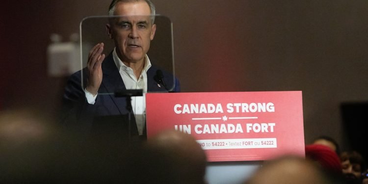 Canada's Liberal Party leader, Mark Carney, attends a federal election campaign rally at Sheraton Vancouver Airport Hotel in Richmond, British Columbia, Canada, on April 7, 2025