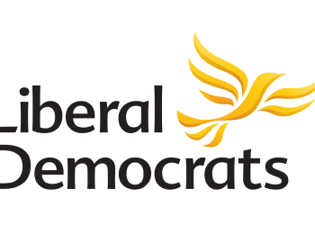 Libertal democrat logo, with the name in black and a yellow bird