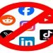 Logos of the social media sites: Reddit, Facebook, Instagram, YouTube, X, TikTok and LinkedIn behind a red circle with a diagonal red line crossed through them