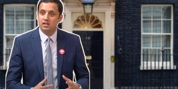 Montage: Anas Sarwar against the backdrop of Downing Street where he attends cabinet meetings